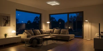 Modern living room with smart LED lighting for energy efficiency