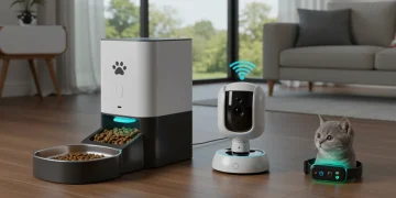 Modern living room with smart pet gadgets enhancing pet care and monitoring.