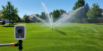 Smart irrigation system watering a lush green US lawn, symbolizing water efficiency and modern yard care.