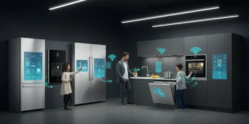 Modern kitchen with smart appliances, family interacting, future home technology