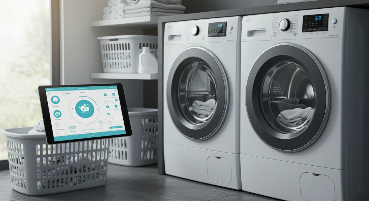 Smart washing machine and dryer controlled via tablet app in a modern laundry room