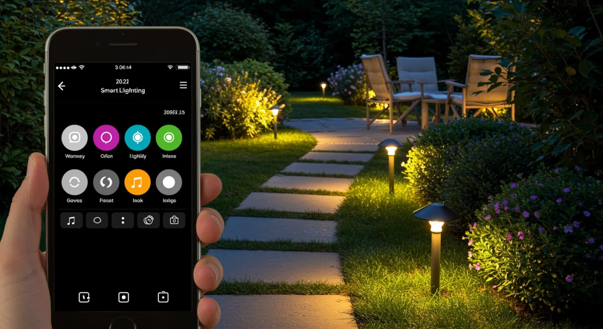 Smart outdoor lighting illuminating a patio path at night.