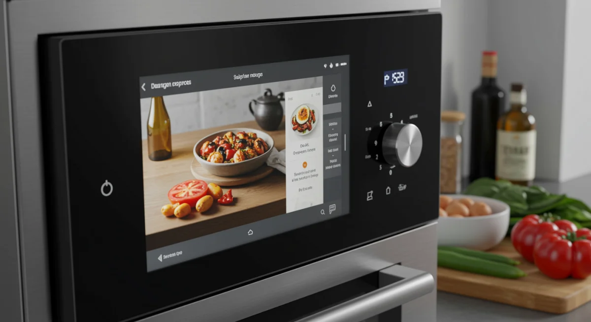 Smart oven displaying recipe on touchscreen