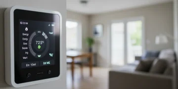 Smart thermostat display showing energy savings in a modern US home