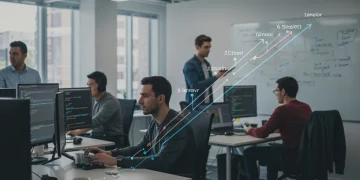 Software engineers collaborating on a project, symbolizing career growth from junior to senior.