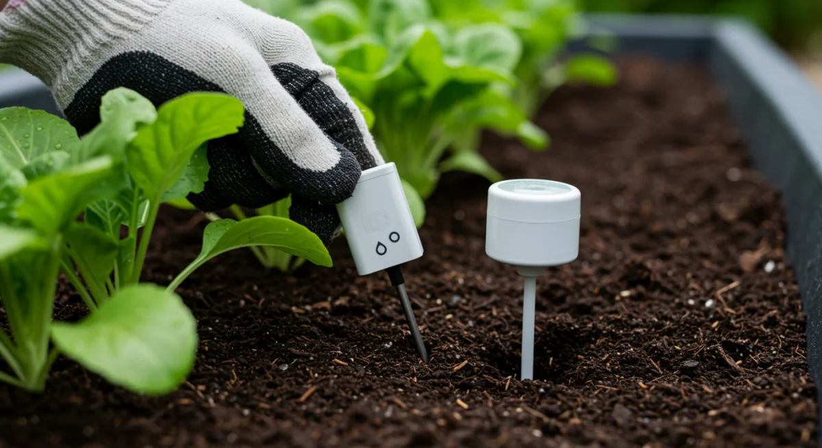 Soil moisture sensor installation for smart irrigation, promoting water saving.