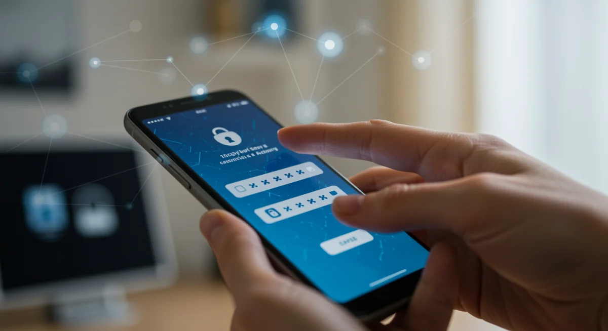 Hand entering strong password for smart home device on smartphone