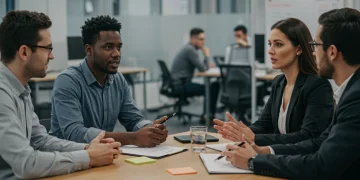 Tech professionals in a modern office engaged in a behavioral interview simulation.