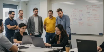 Professionals collaborating in a modern tech workshop, symbolizing career transition and learning.