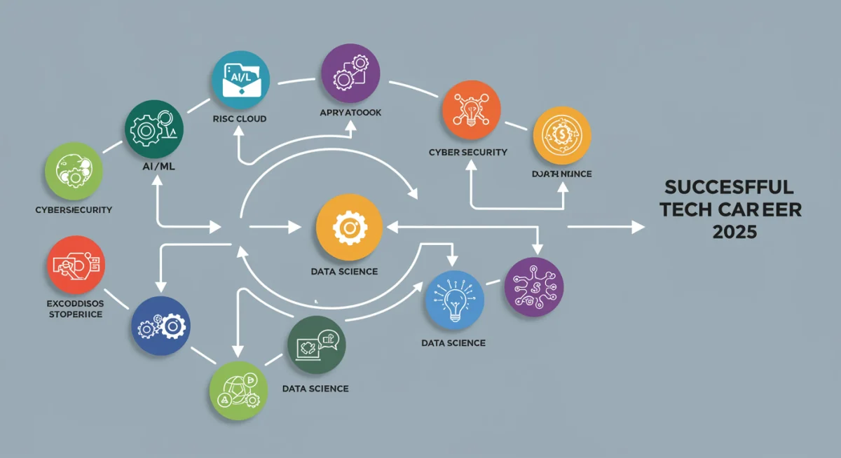 Infographic illustrating a skill roadmap for a successful tech career in 2025, detailing categories like AI, cloud, and data science.