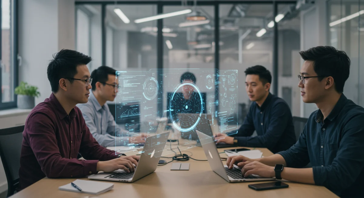 Tech professionals collaborating on quantum computing concepts in a modern office.