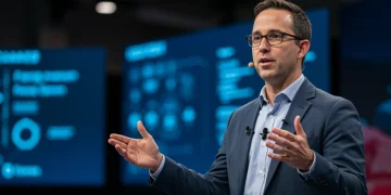 US tech expert presenting at a conference, personal brand building