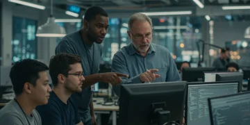 Experienced tech mentor guiding a mentee in a modern US office, fostering career growth.