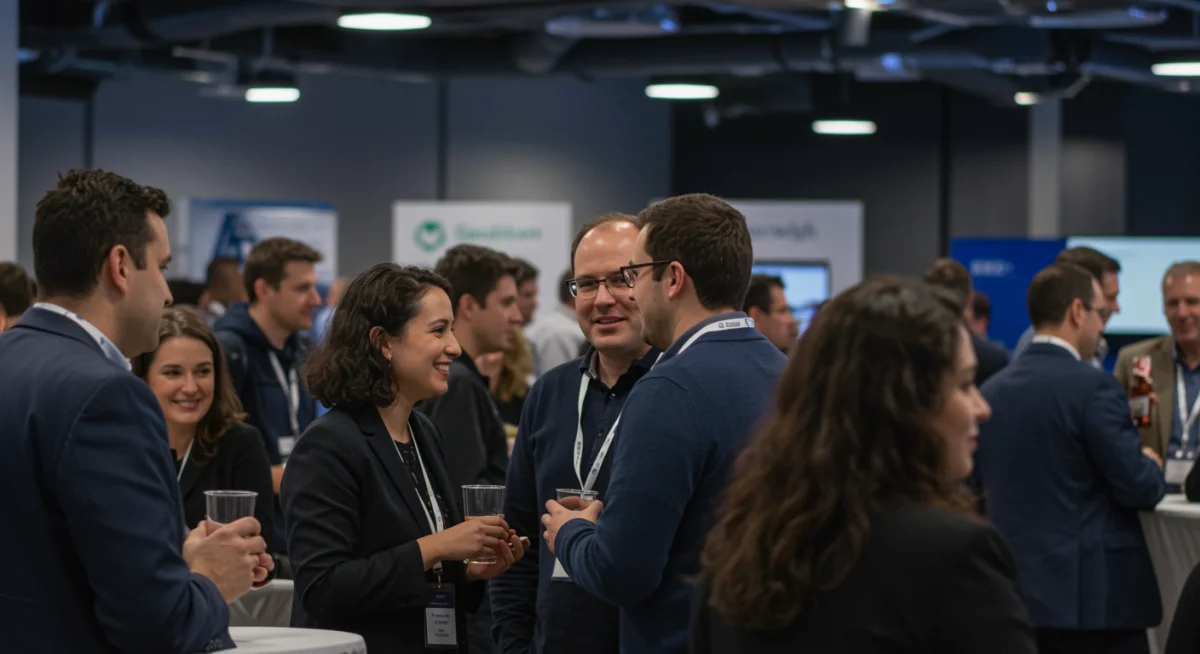 Tech professionals networking at an industry event in the US