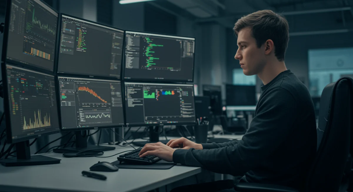 Young professional mastering complex coding on multiple screens, representing advanced tech skill development.