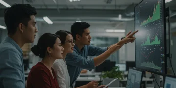 Tech professionals analyzing stock options and equity data on a screen