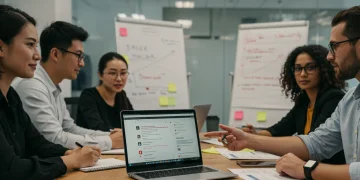 Tech professionals discussing salary negotiation strategies in a modern office