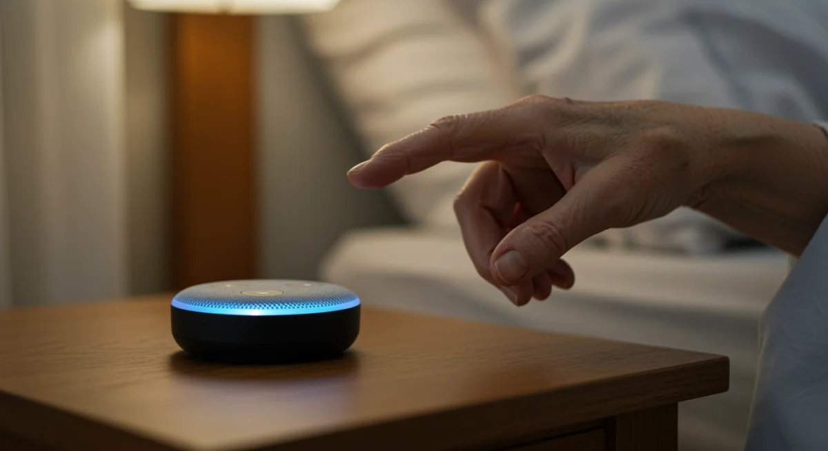Senior interacting with a smart voice assistant for home control.