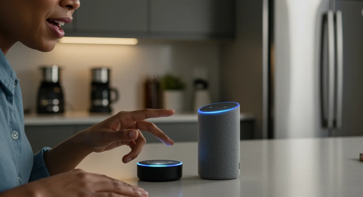 Person giving voice command to smart speaker in kitchen