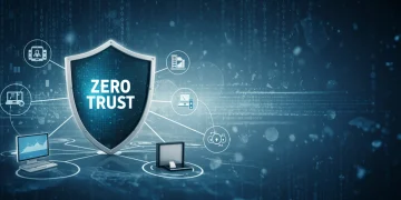 Digital shield protecting a small business network with 'Zero Trust' text
