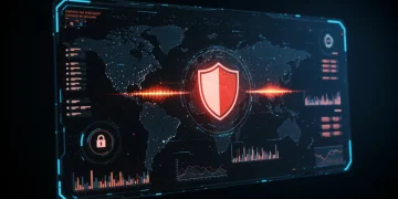 Digital security dashboard showing global threat landscape and protective measures for U.S. businesses.