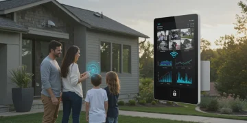 2026 Smart Home Security Report: 5 Innovations for US Homeowners Futuristic smart home security system dashboard with family for US homeowners