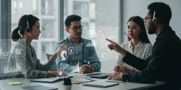 AI-powered customer service center with agents and holographic data displays showing cost savings