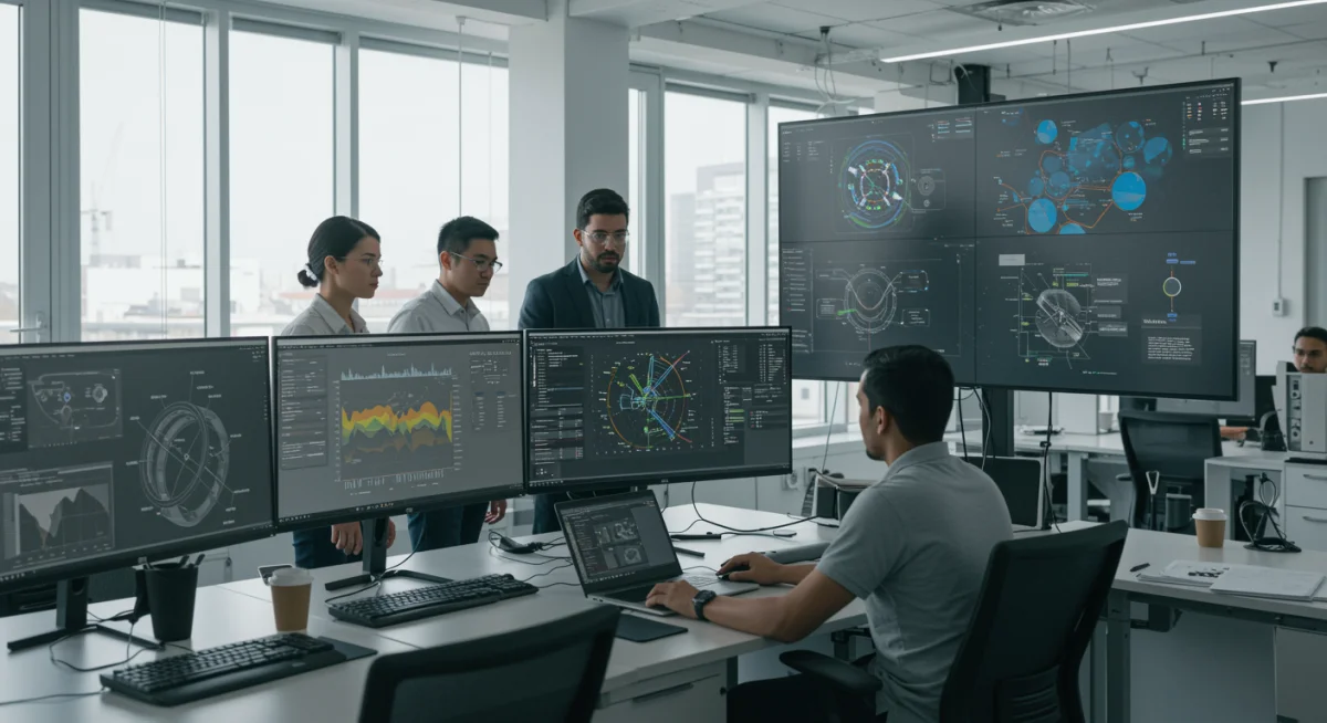 Engineers and data scientists using AI for product design optimization.