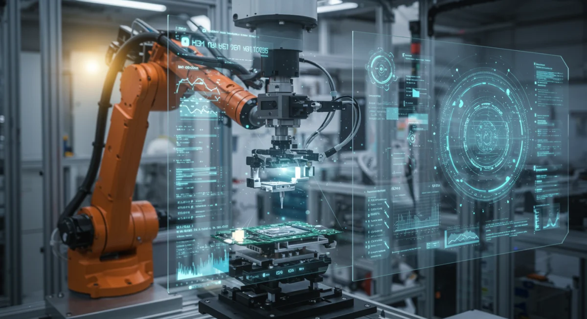 AI-powered robotic arm performing precision assembly in manufacturing.