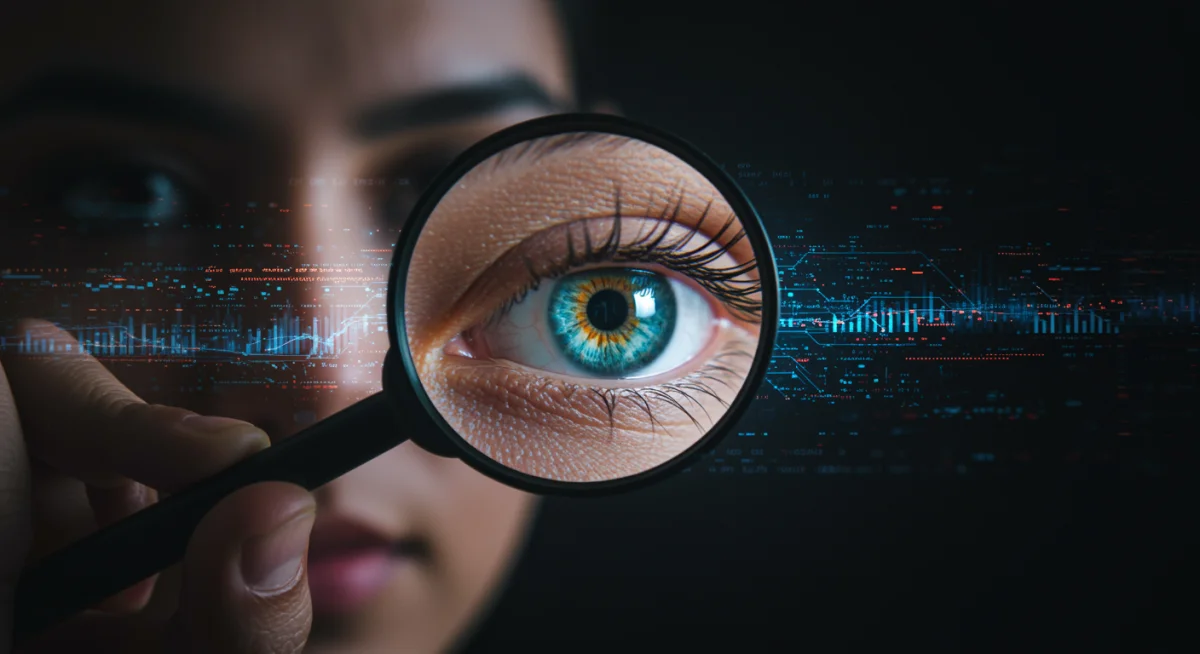 Magnifying glass examining code for AI cyber threats.