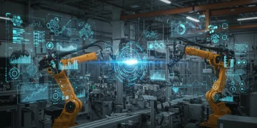 Futuristic US manufacturing plant with AI-driven robotics enhancing product development.