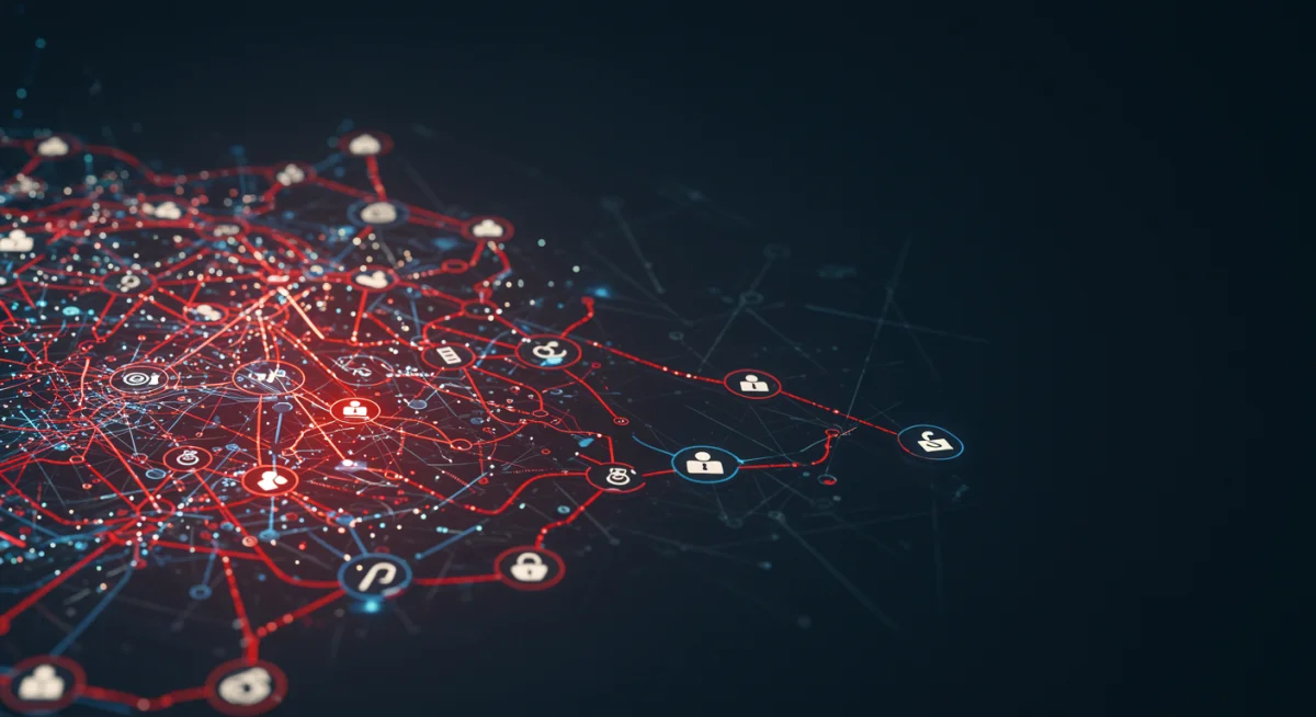 Complex network diagram with red highlighted paths, symbolizing hidden data breach routes.
