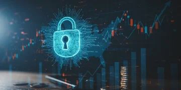 Digital padlock protecting financial data with a U.S. map background, representing cyberattack financial impact mitigation.