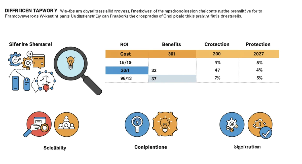 Infographic comparing key features, costs, and ROI of cybersecurity frameworks for mid-sized businesses.