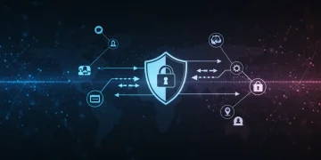 Digital shield protecting interconnected networks, symbolizing robust cybersecurity frameworks for businesses in 2026.