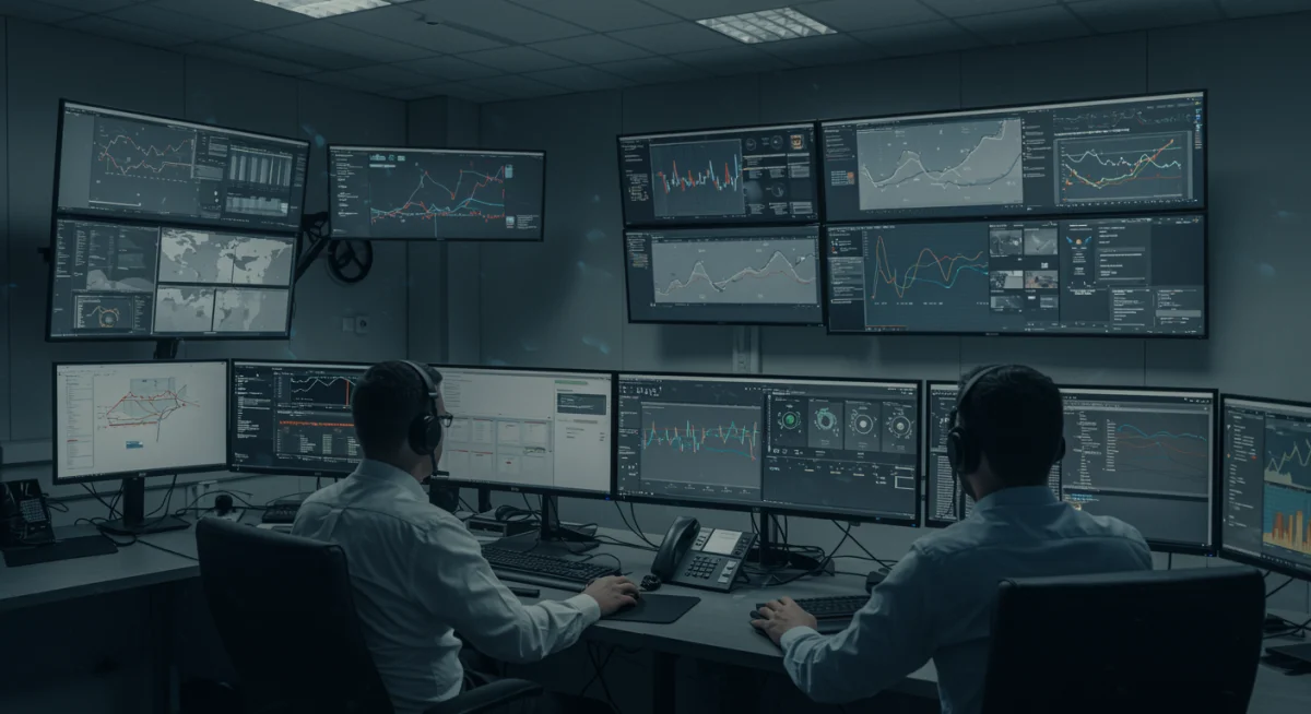 Cybersecurity operations center with analysts monitoring threat dashboards, showcasing proactive security measures.