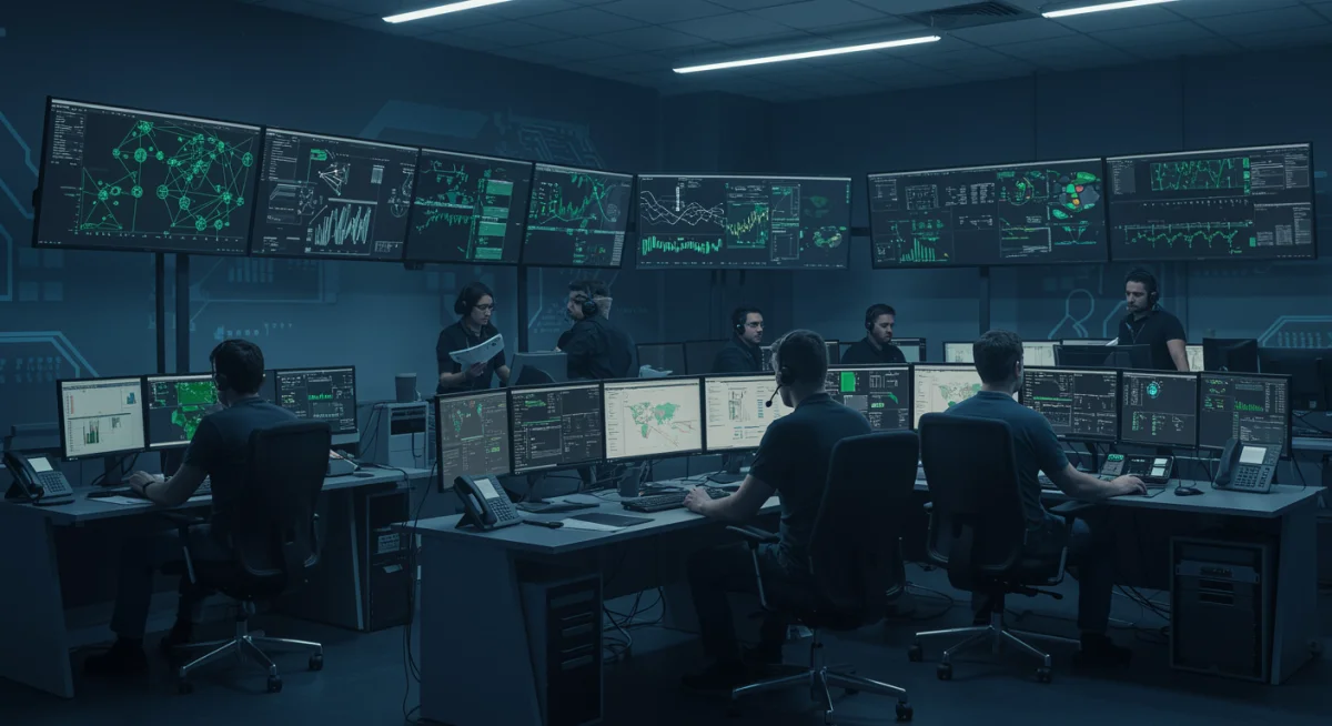 Cybersecurity operations center with analysts monitoring threat data.