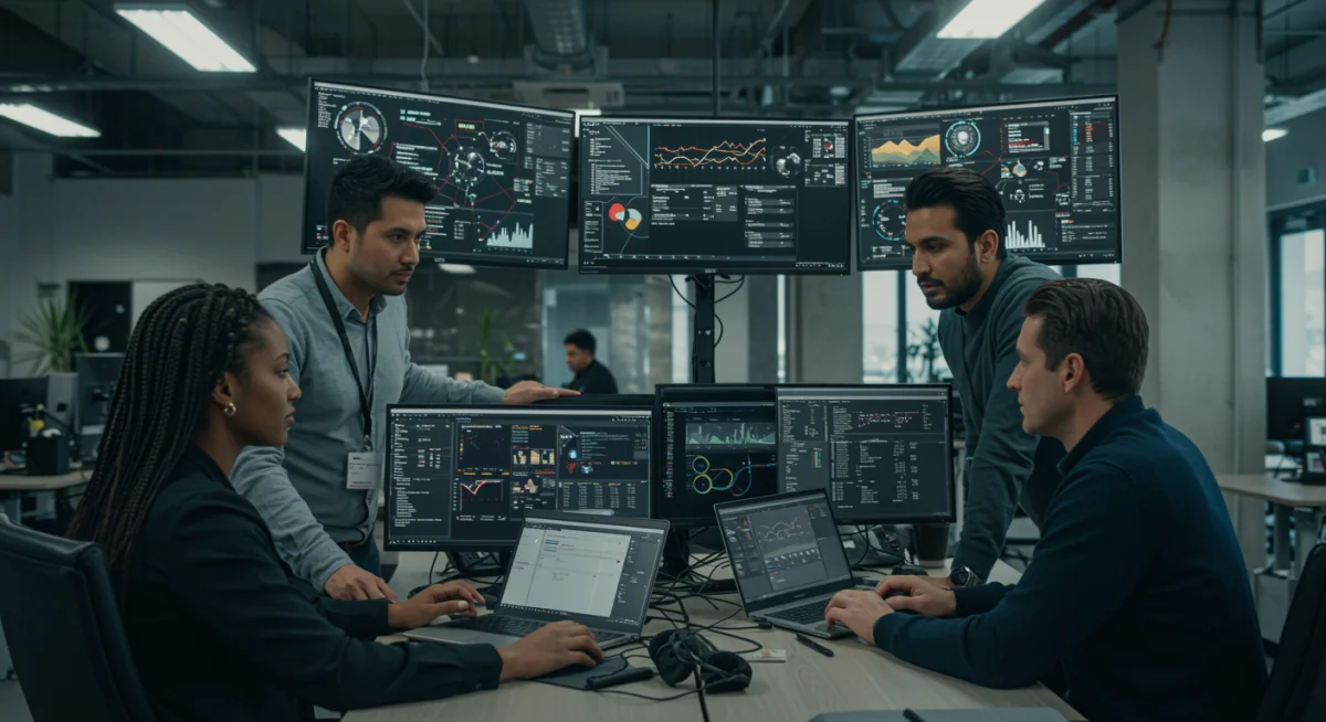 Cybersecurity team collaborating to monitor and respond to digital threats.