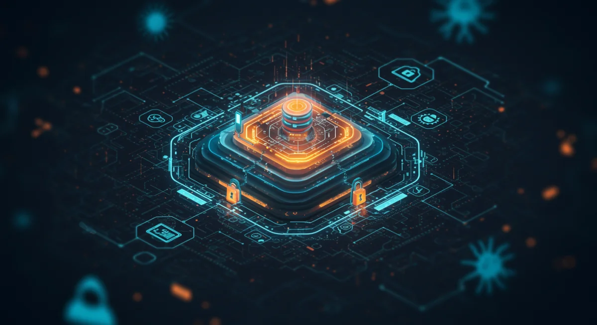 Complex cybersecurity landscape with digital defenses, encryption, and emerging threats