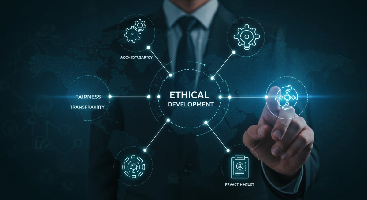 Diagram showing principles of ethical AI development with nodes for fairness, transparency, and privacy