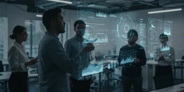 Professionals collaborating on future tech trends in a modern office, symbolizing skills for 2026 tech job market.