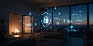 Futuristic smart home with glowing security shield icon