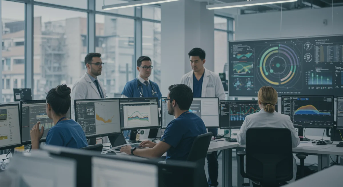 Healthcare data scientists collaborating on predictive models