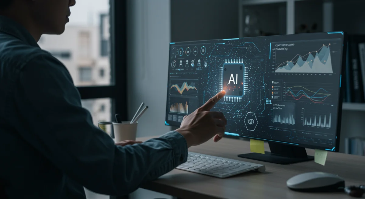 Human-AI collaboration in a modern office setting, showcasing real-time data analysis and decision support for improved operations.