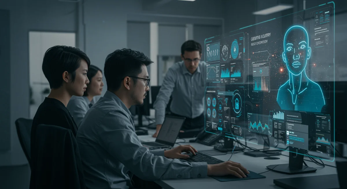 Cybersecurity team working with AI interface for threat intelligence and incident response.