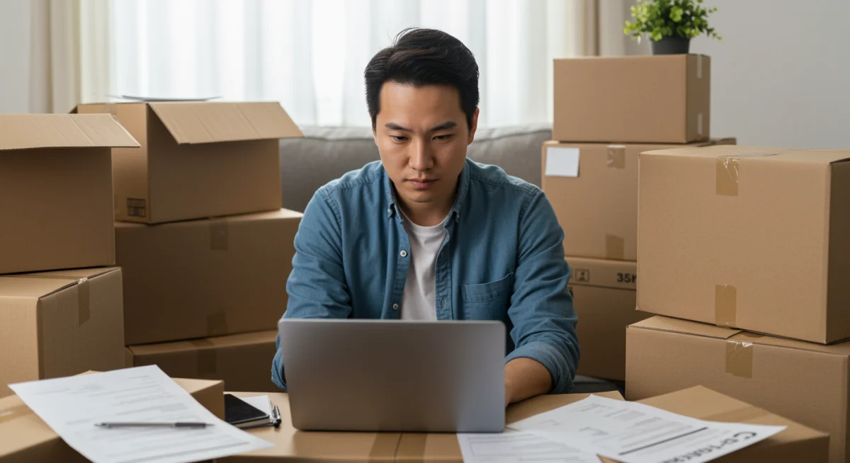 Individual job searching on a laptop amidst moving boxes.