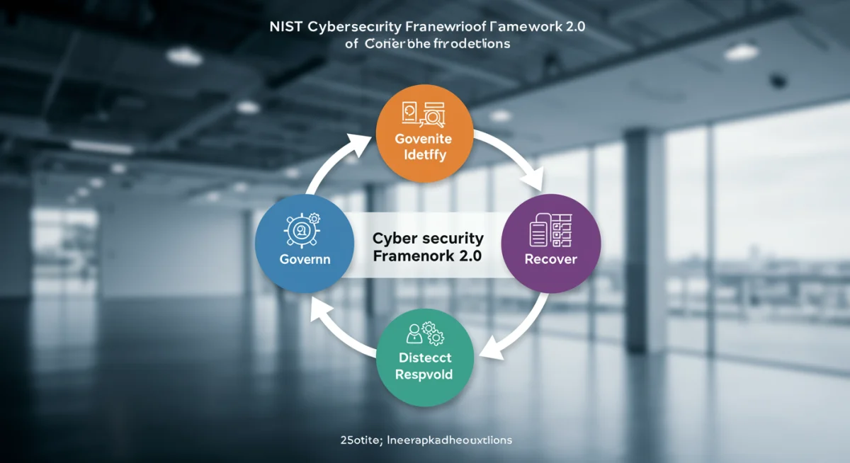 Infographic showing the five core functions of NIST Cybersecurity Framework 2.0: Govern, Identify, Protect, Detect, Respond, Recover.