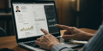 Optimized tech resume on laptop screen with data overlays, showing professional refinement.