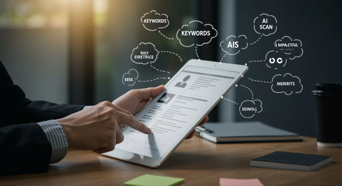 Person reviewing tech resume on tablet, focusing on keywords and AI scanning.