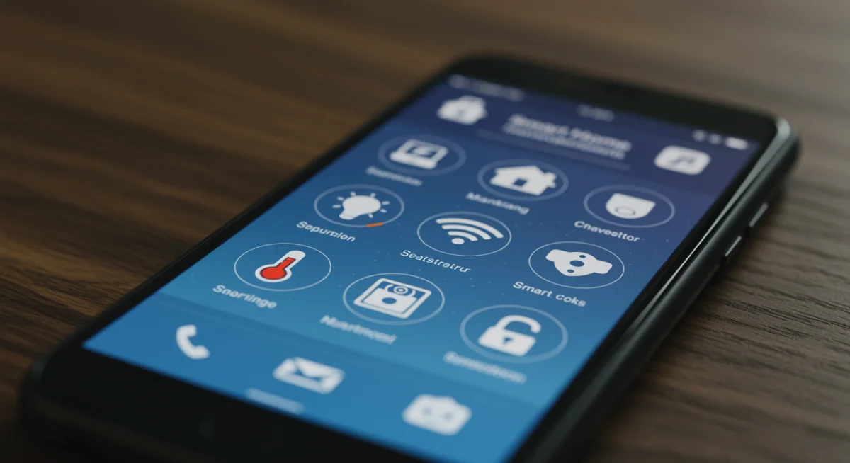 Smart home app interface on a smartphone, managing multiple connected devices with strong Wi-Fi.